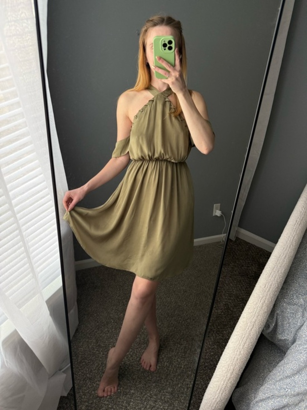 Guess Dress XS Olive Green Halter Cold Shoulder Lace Up Mini Dress Women